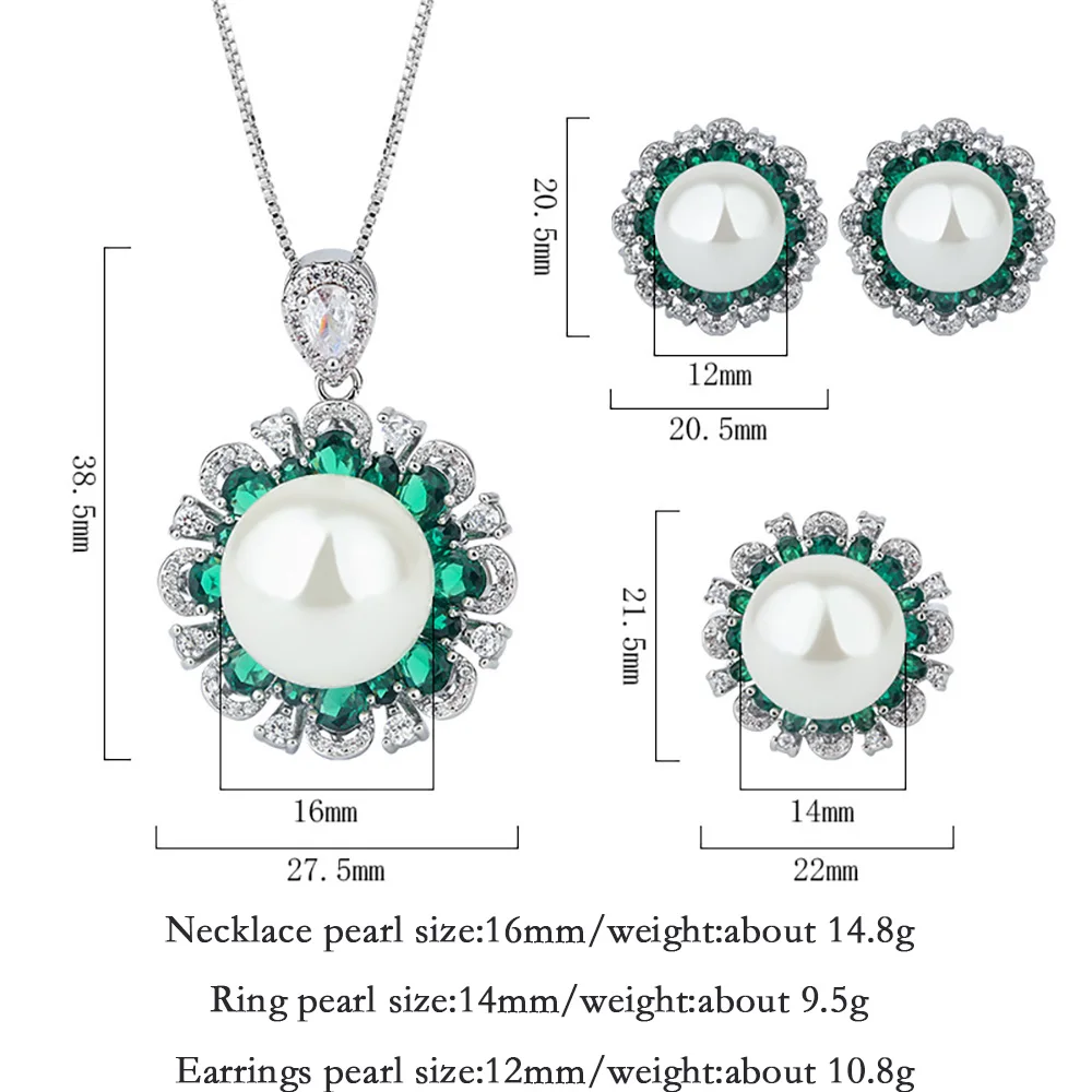 Charms White Color Pearl Ruby Emerald Gemstone Pendant Necklace Ring Earrings for Women Wedding Jewelry Sets Lady Gift Statement