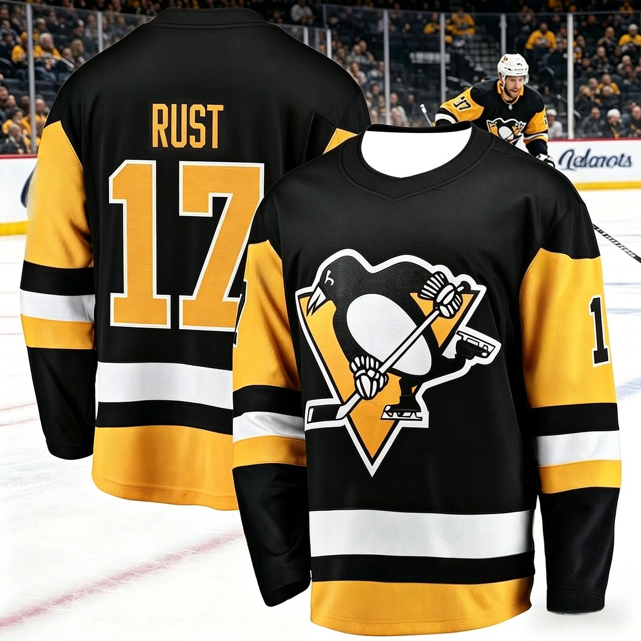 Neues schwarz-gelb-weiß gestreiftes Langarm-Hockey-Oberteil mit Pinguin-Eislaufmuster, V-Ausschnitt, Sporttrikot, Unisex, Back-to-School-Outfit – Detail 15