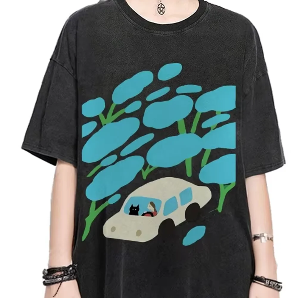 

Graphic Tee Car In Forest Oversize Tee Premium Cotton, High - Quality Oversize Washed Tee. Blue Trees Car, Retro Y2K Style