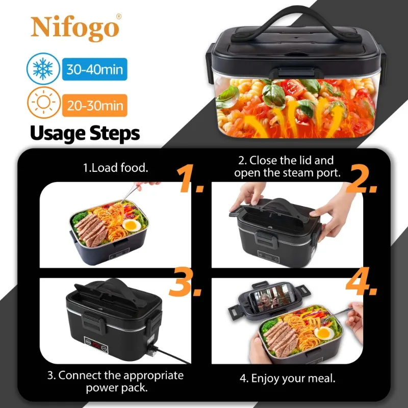 100W Digital Temperature‑Control Electric Heated Lunch Box, 1.8L 304 Stainless‑Steel Food Warmer, 12V/24V Car 220V Home Dual‑Use Portable Heating Bento Box with Packing Box and Insulated Bag