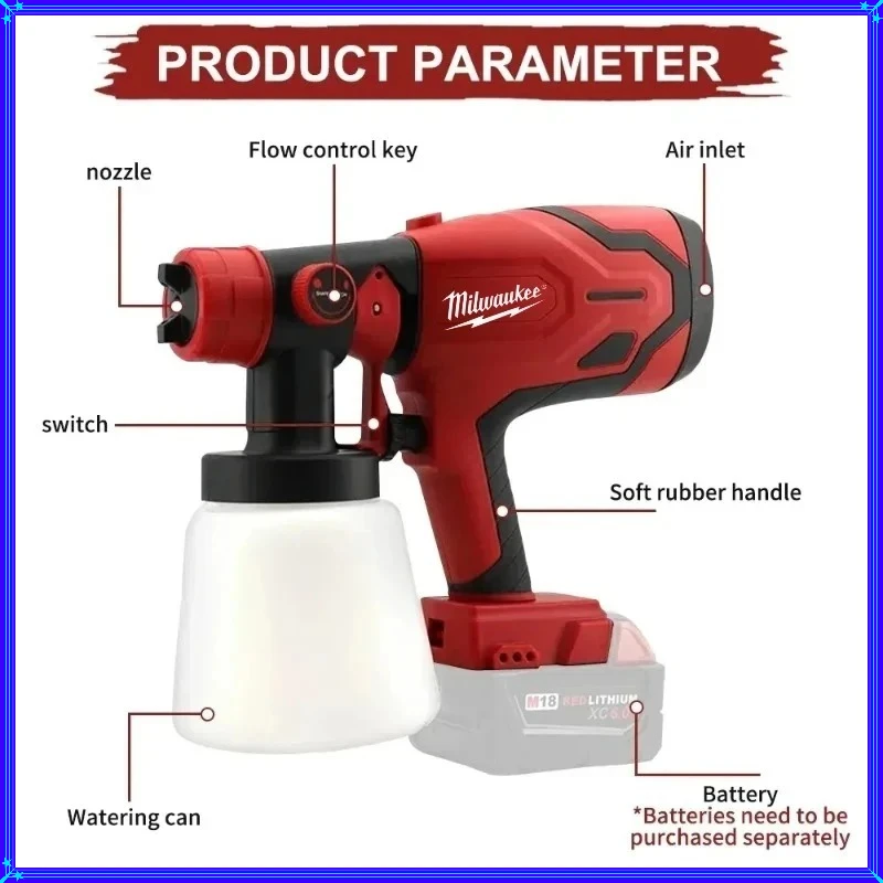 Pistolet à peinture électrique Milwaukee Haute puissance Pulvérisateur de peinture 800ML Sans fil Portable Auto Meubles Revêtement en acier Aérosol pour 18V/20V