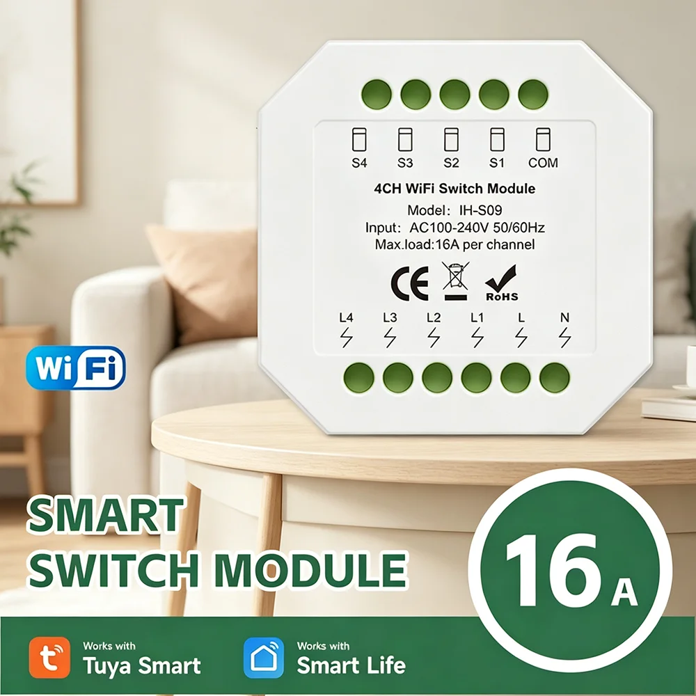 16A 1-4Gang Tuya WiFi Smart Switch Module Relay for Smart Home Light Switch Automation Voice Control via Alexa Google Assistant