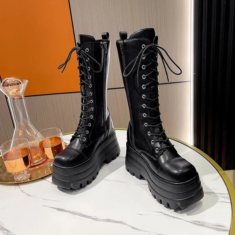 11.5CM Women Shoes Metal Decoration Women's Boots Autmn Spring Side Zip Hot Sale Round Head Platform Belt Buckle Knee-High Boots