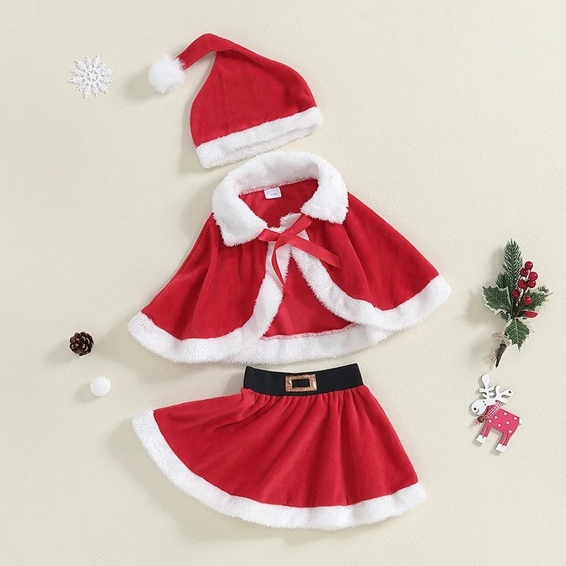 Baby Girls 3Pcs Christmas Outfits Red Fur Trim Cape + Skirt + Santa Hat Set Holiday Costume