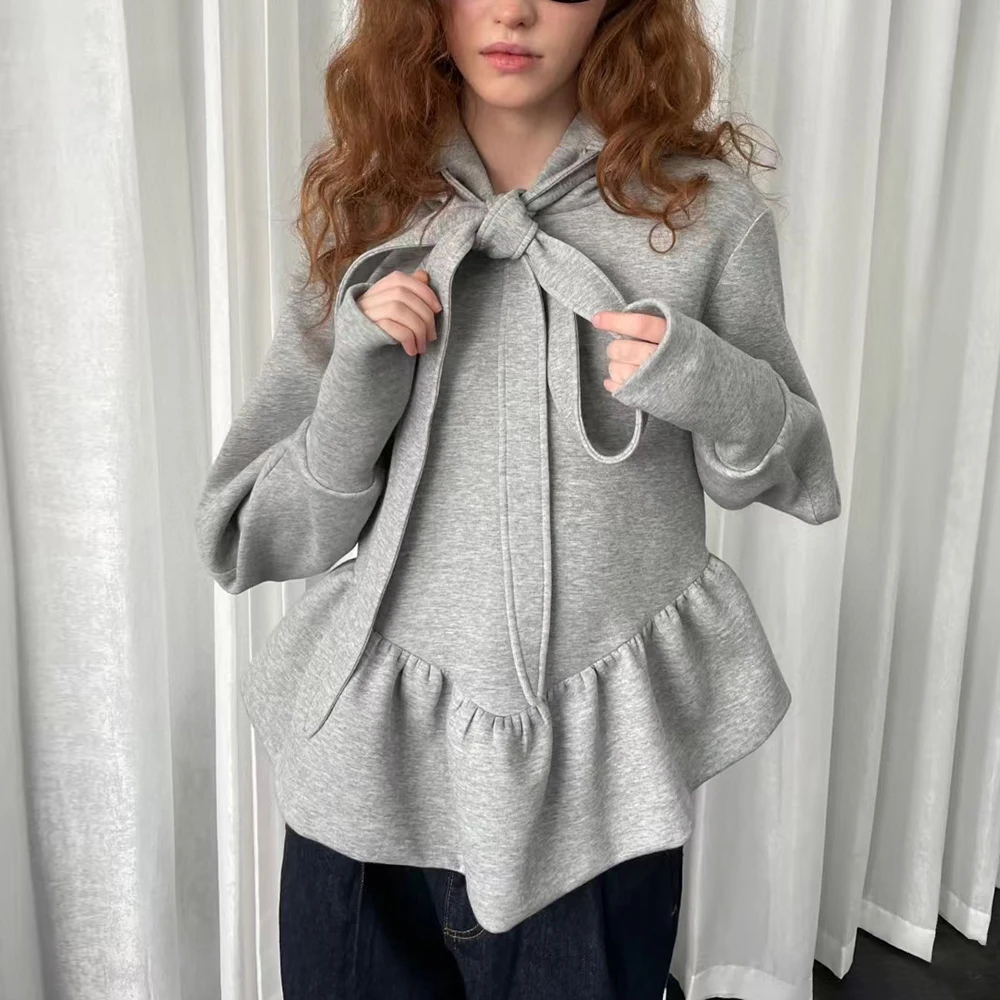 TWOTWINSTYLE Solid Spliced Bows Hoodied for Women Dooded Long Sleeve Patchwork Ruffles Folds Sweatshirt Female Clothing Style