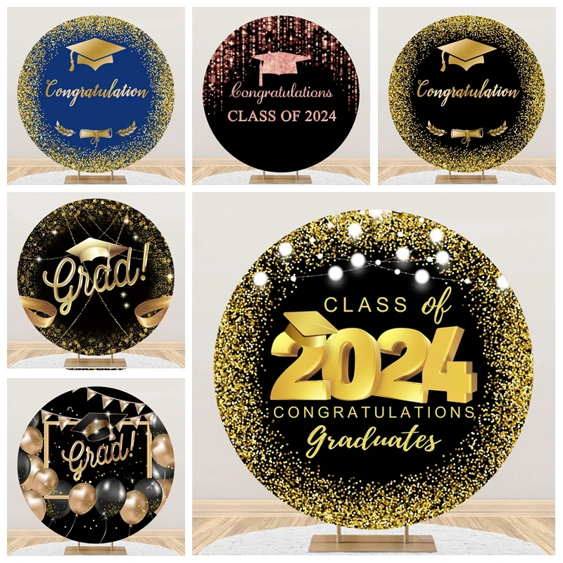 

Congrats Grad Round Backdrop Cover Class of 2024 Glitter Balloons Graduation Party Decor Circle Background Photo Studio Props