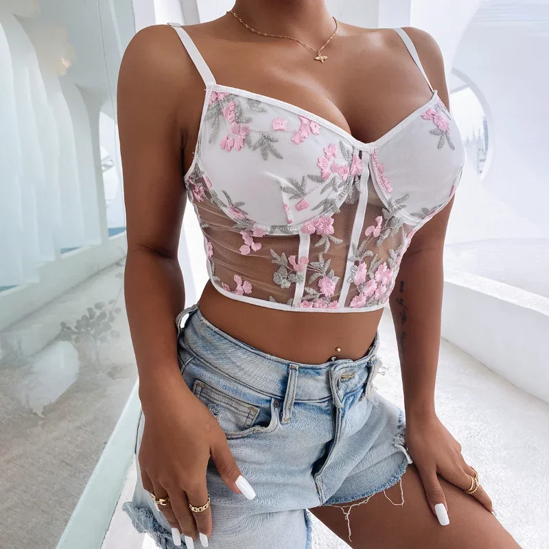 Fashion Floral Embroidery Camis Top Women White Backless Top Ladies Boho Summer Mesh Patchwork Sexy Cropped Bra Small Tank Top