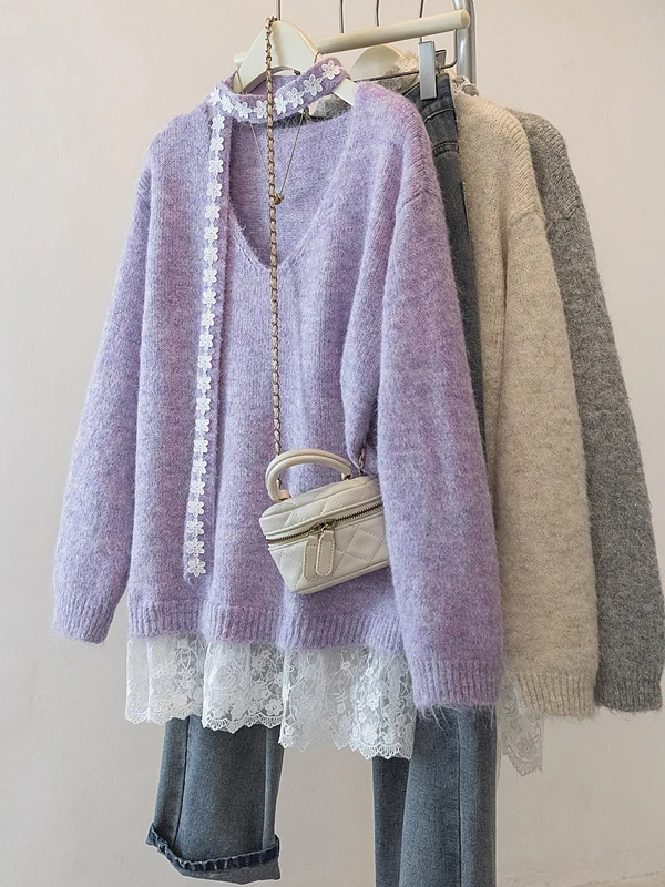 Lace Splicing Fake Two-Piece V-Ne Knitted Sweater Women's Autumn Winter New Large Size Beautiful TopMM plus Size Faion