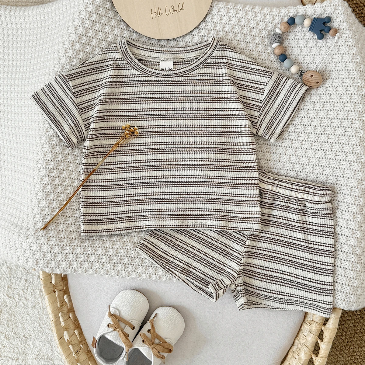 0-3Years Toddler Baby Boys Girls Summer Breathable Round Neck Outfit Fashionable Striped Short Sleeve Tops with Shorts 2Pcs Set