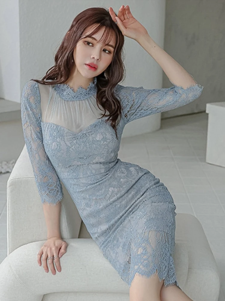 Elegante doce sexy midi vestido feminino sheer ver através de renda gancho floral oco split robe femme senhora do escritório vestidos de festa de baile