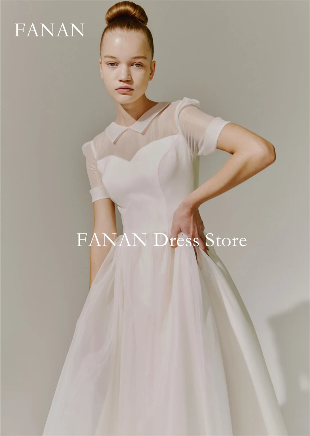 Fanan Korea High Neck Ivory Wedding Dresses  웨딩드레스 Organza Short Sleeves Customized Ruched Photoshoot Bride Gowns Plus Size