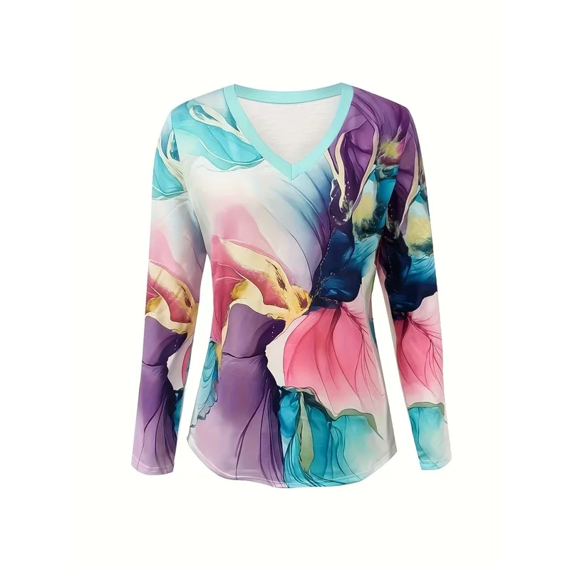 Essential Plus Size Ladies Casual T Shirt Fashionable V Neck Long Sleeve Multi Color Marble Print Regular Fit Urban Style Outdoo