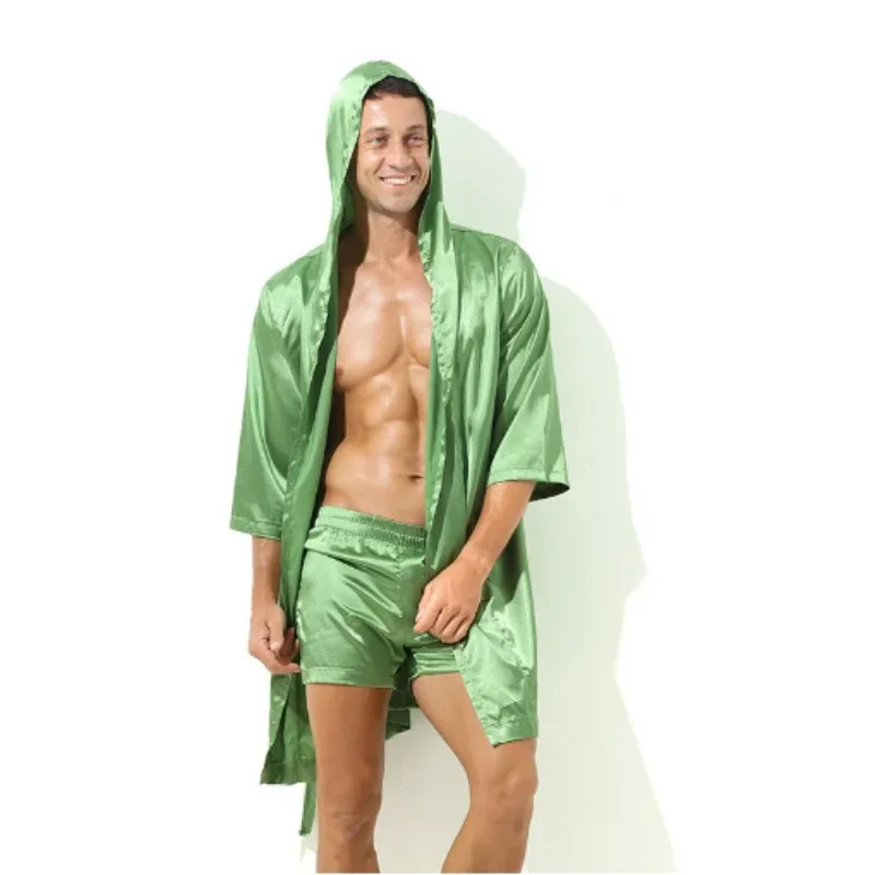 Men Bathrobe Pajamas Nightgown Hooded Loose Satin Silk Sleepwear Cardigan Gown Bath Robe Nightwear Male Sleep Bottoms Home Robes