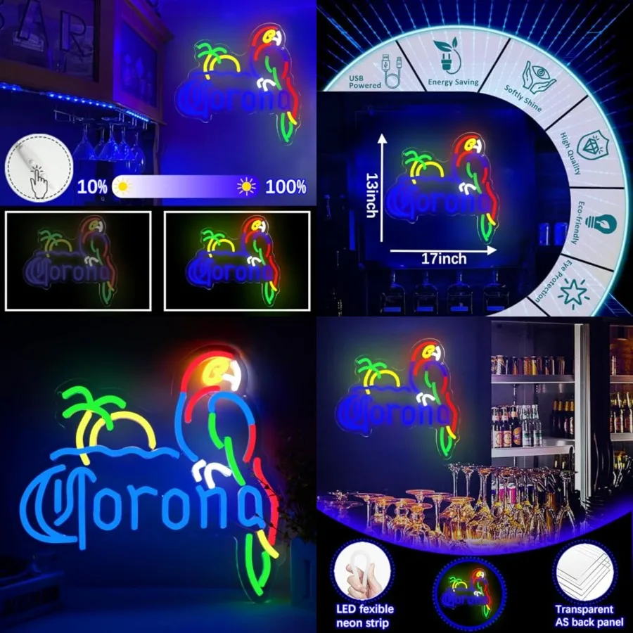 Coron Neon Sign Parrot Neon Lights for Bar Decor, Palm Tree Beer Lights Bar LED Neon Sign Dimmable Light Up Signs Man Cave Home