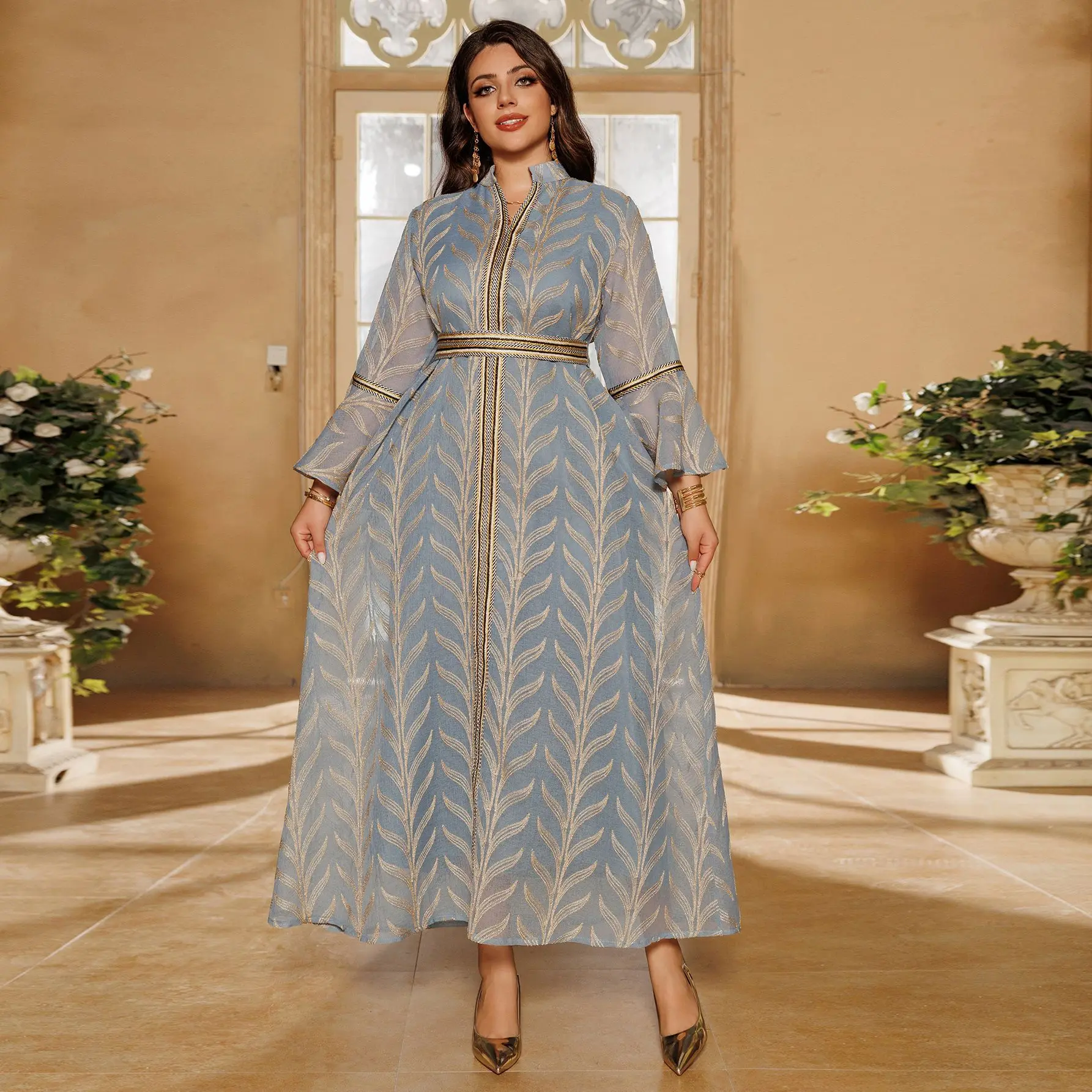 Middle Eastern Muslim Luxury Fashion Embroidered Horn Sleeve Head European and American Dubai Elegant Long Skirt Women's Dress