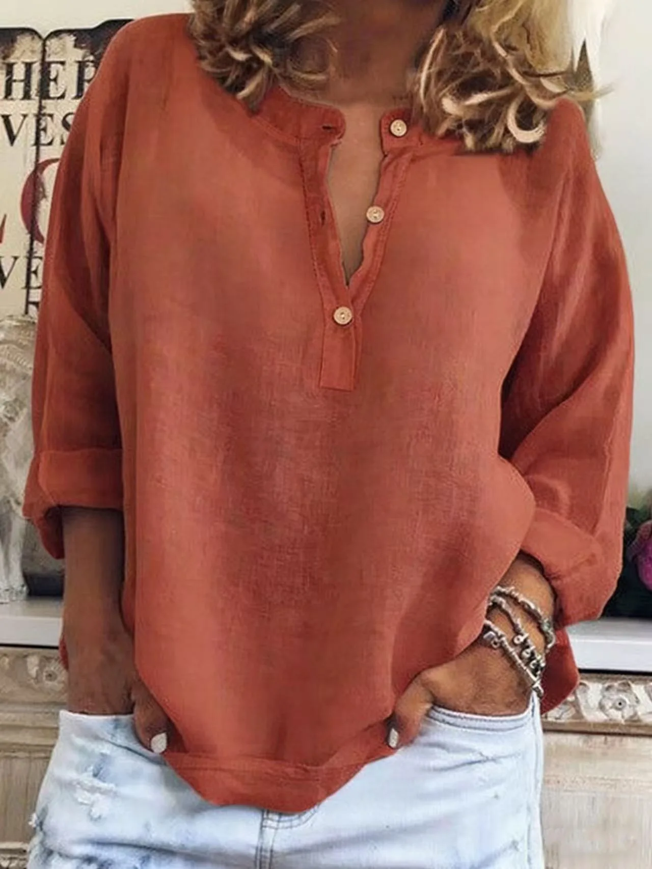 New Spring and Autumn Women's Long Sleeve Blouse Fashion Solid Color Casual Button Loose V-Neck White Shirt For Female - view 5