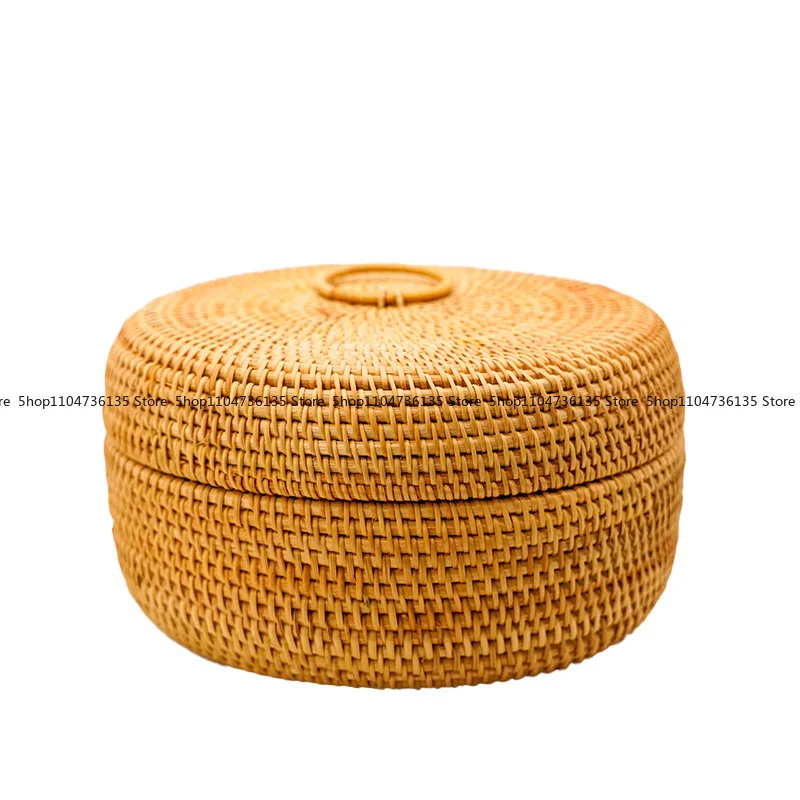 

Round Autumn Rattan Weaving, Candy Household Living Room Coffee Table Creative Grid with Cover Tea Storage Basket
