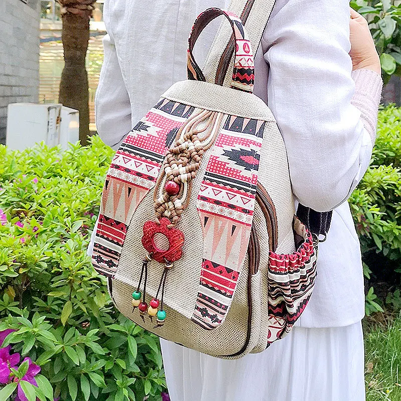 

Ретро рюкзак ручной работы, женские винтажные холщовые рюкзаки, сумка в национальном стиле с геометрическим принтом, женский простой дорожный рюкзак