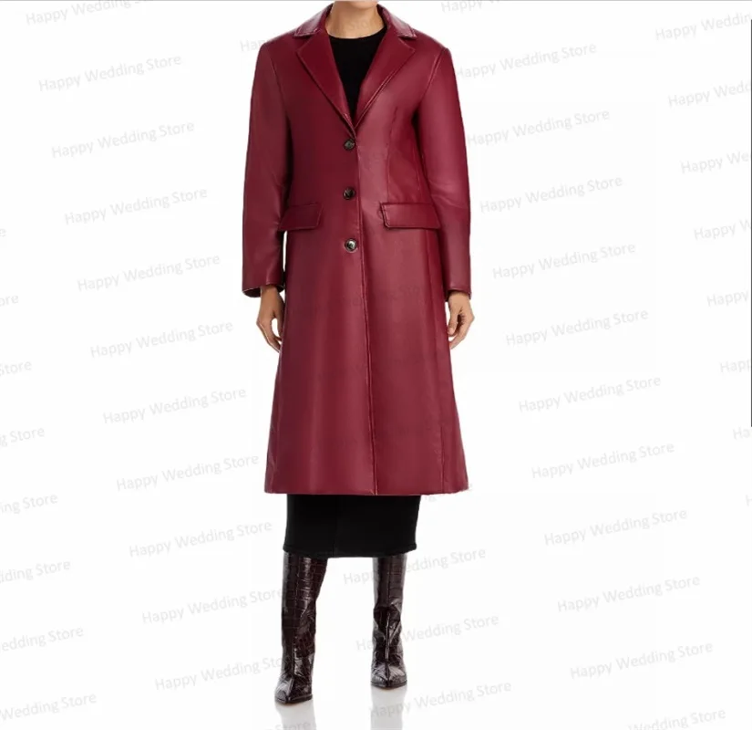 Red Leather Women Suit Blazer 1 Piece Loose Autumn Long Jacket Prom Dress Tuxedos Formal Office Lady Outfit Tailored Made