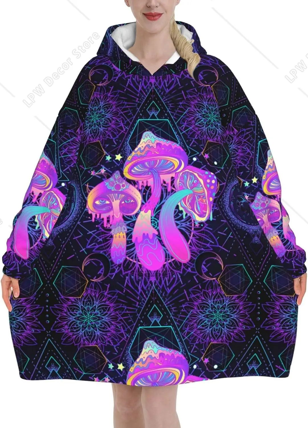Trippy Neon Mushroom Oversized Hoodie Blanket Hoodie Oversized Wearable Blankets Softest Warmth Front Pocket For Adults