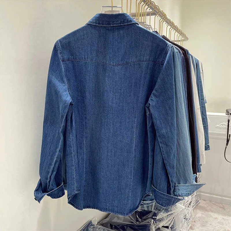 Basic POLO Collar Denim Blouses 2023 Spring Women Jean Shirts Pocket Design Long Sleeves Blue Blusas Mujer Casual Cowboy Tops