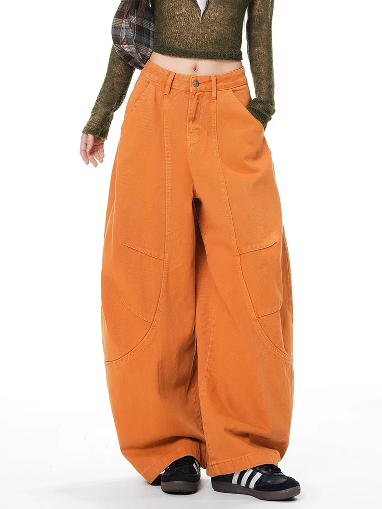 

Y2K American High Street Jeans Women Orange Curved Knife Loose Fit Slim Wide Leg Autumn Winter Floor Length Pants