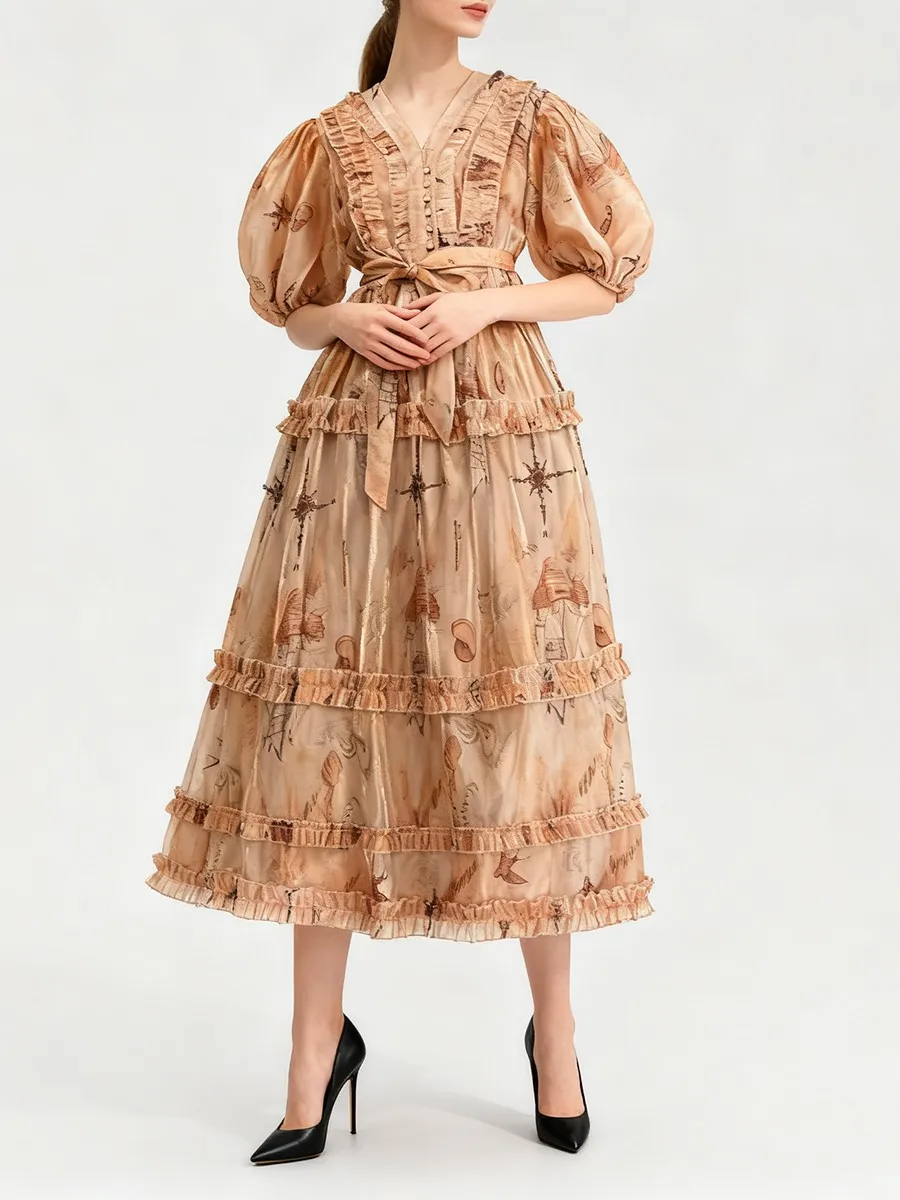 TWOTWINSTYLE Printing Spliced Fungus Folds Vintage Dresses for Women V Neck Half Sleeves High Waist Velvet Long Dress Female New