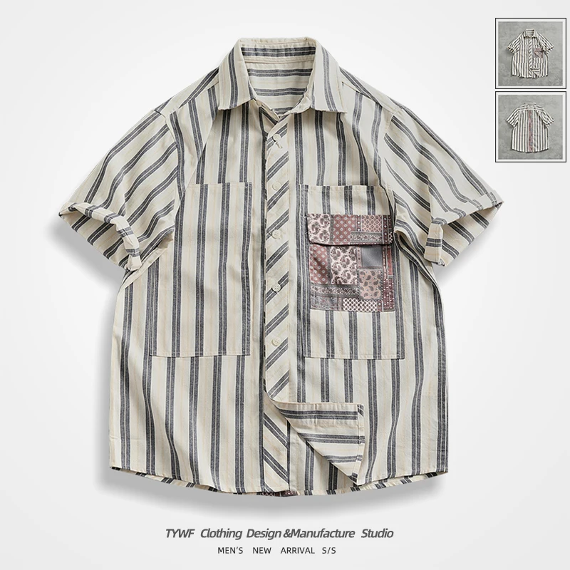 

Retro Striped ort Sve Men's irt Old Faioned Cotton Patchwork Summer Workwear irt Loose Fit Faion Urban Sle