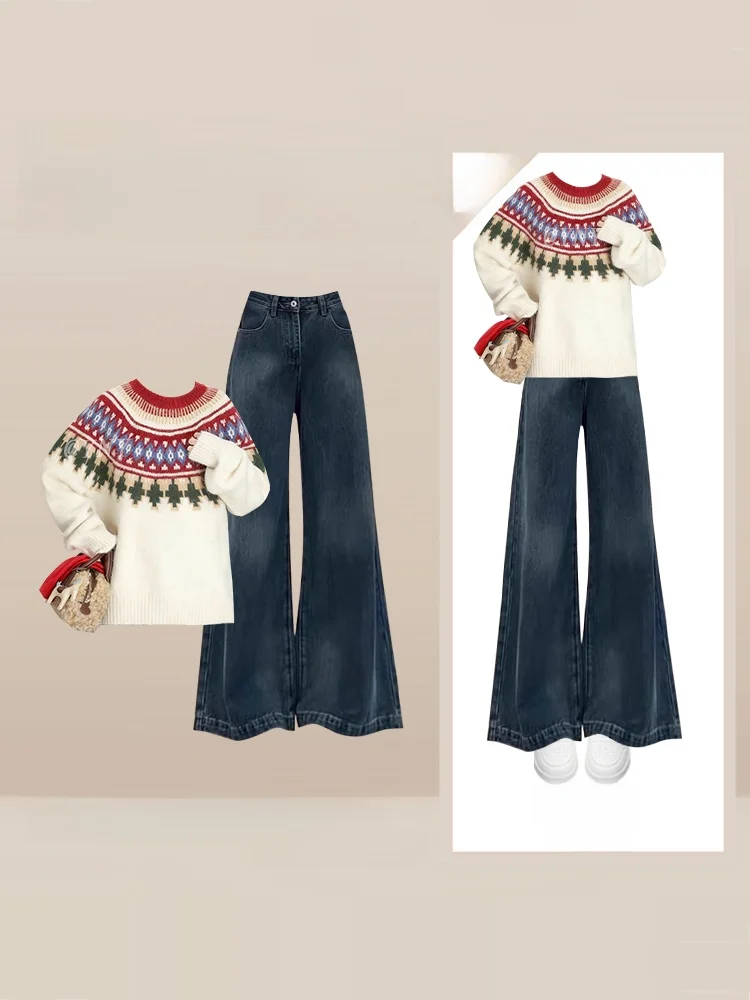 

Faionable Ранняя зима Свитер с геометрическим принтом и джинсы Bell Bot Женский ансамбль High End Feel Long Sve круглый Ne ...