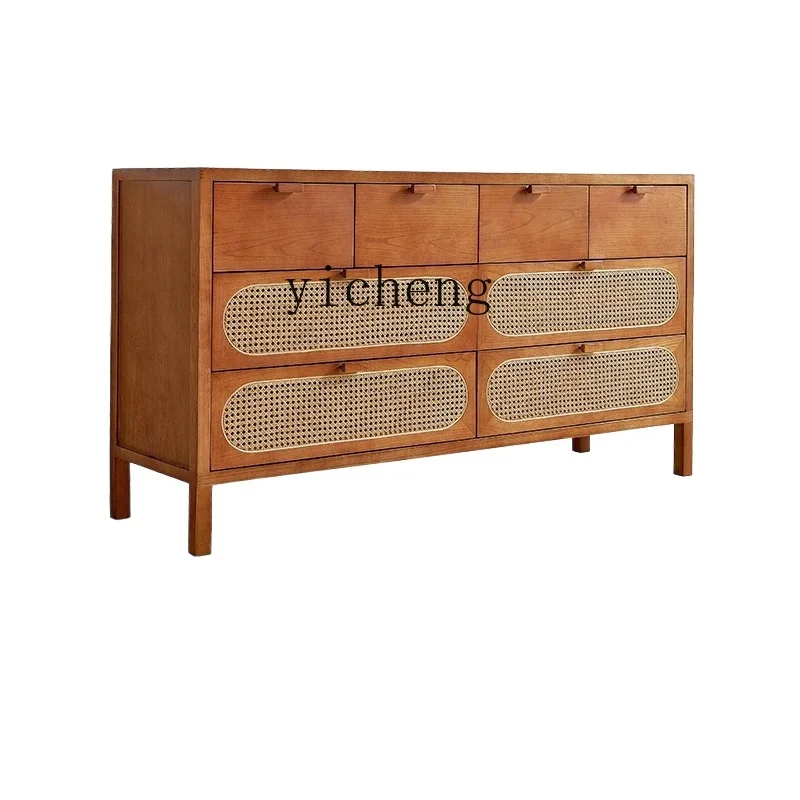 

Tqh Cherrywood Color Rattan Designer Chest of Drawers Narrow Living Room Wall Cabinet Storage Cabinet