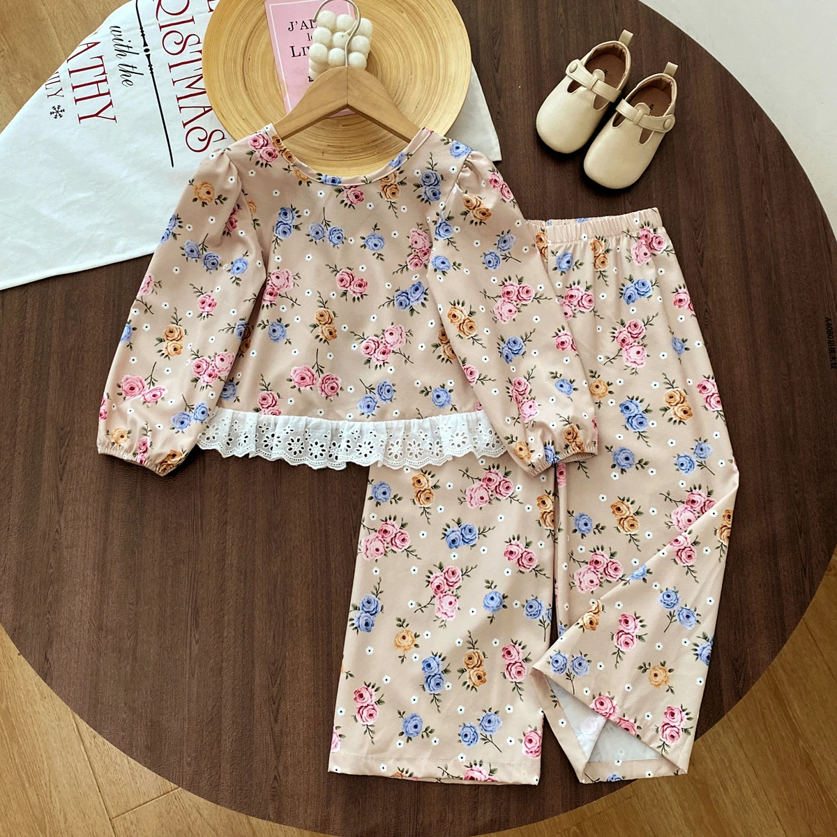 Humor Bear Girls Sets Casual Autumn Back Bow Lace Backless Floral Long Sleeve Top Wide Leg Pants Outfits Kids Suits 2PCS