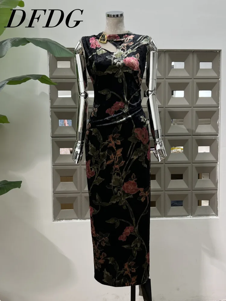 2025년 봄 여름 여성용 오리엔탈 컷아웃 치파오 드레스 우아한 민소매 바디콘 칵테일 드레스 하이 슬릿 웨이스트 드레스