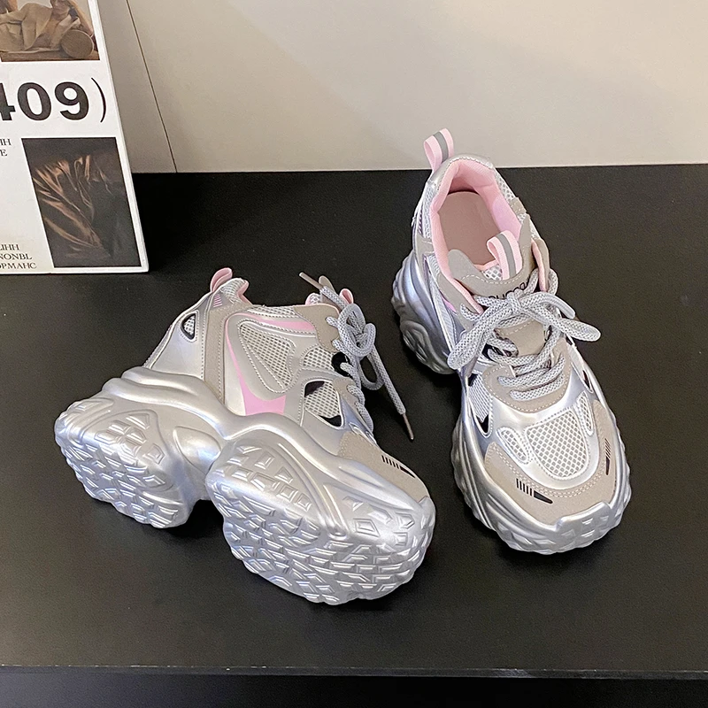 New Autumn Breathable Women Casual Shoes Fashion High Heels Women Wedges Mesh Sneakers 10CM Thick Soles Trainers Platform Shoes