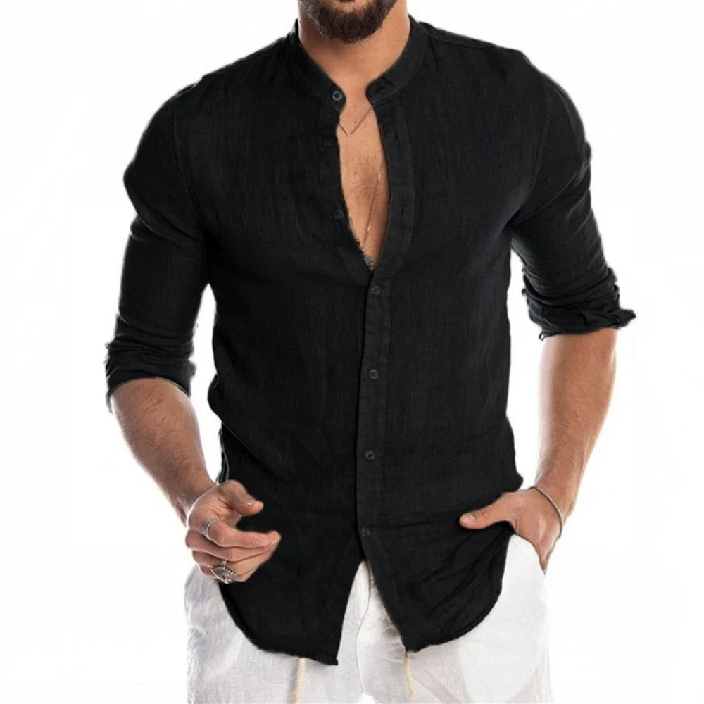 Camisas de lino y algodón para hombre, manga larga, un solo pecho, con botones, cuello de solapa, Tops lisos holgados, camisa y blusa, ropa para hombre