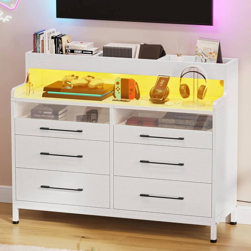 خزانة ملابس LED حديثة مع 6 أدراج، رف تخزين مفتوح لغرفة النوم، المدخل، أبيض