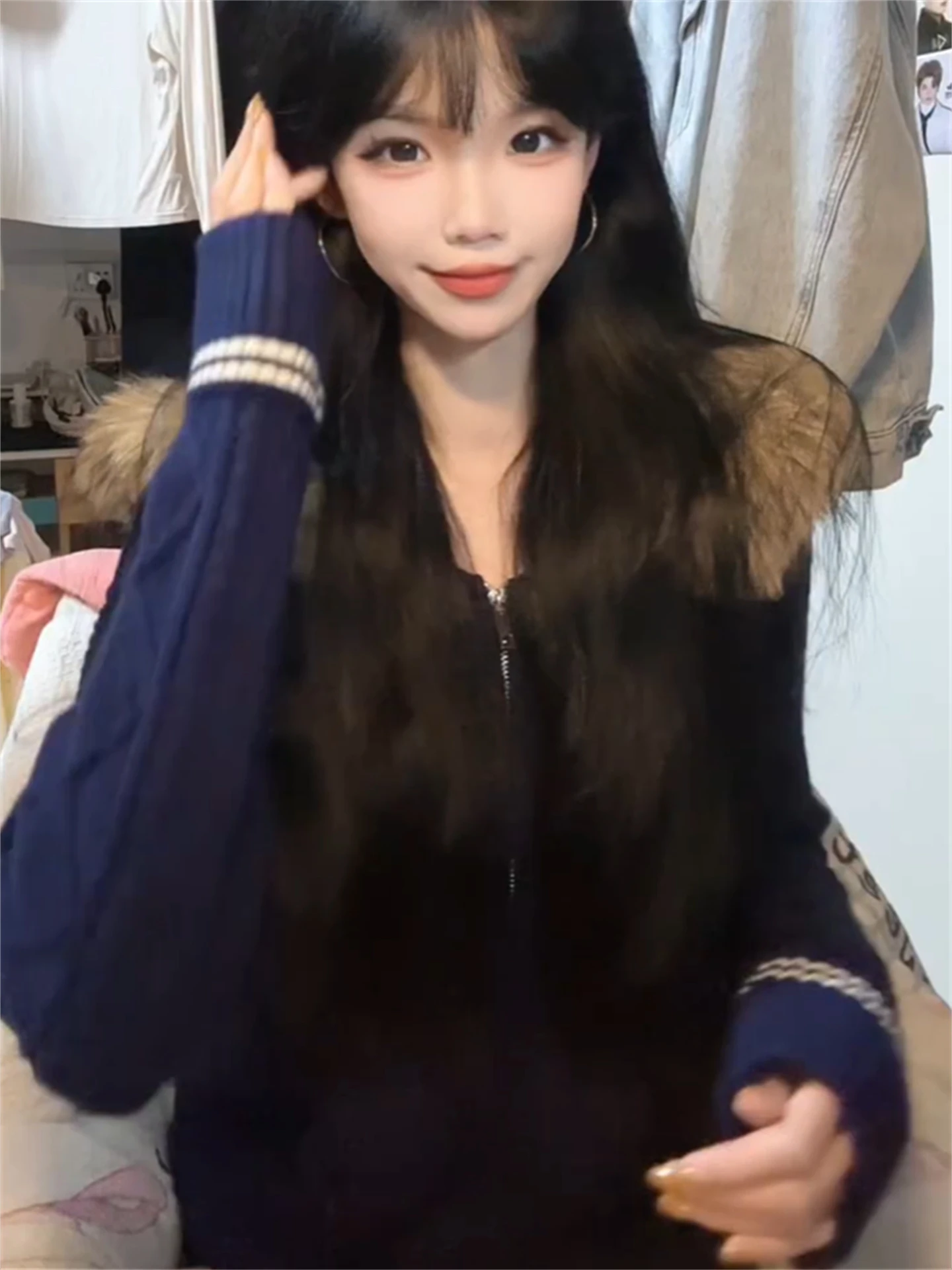 

Американский вязаный свитер-пальто с длинными рукавами для женщин, осенне-зимний, приталенный, в стиле «сладкая и острая девушка», с меховым воротником