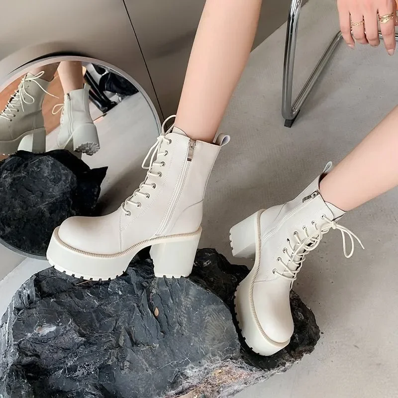 Thick Bottom Platform Shoes Fall Winter 2023 Block High Heels Leather Short Ankle Boots for Women Black Beige Motorcycle Botines