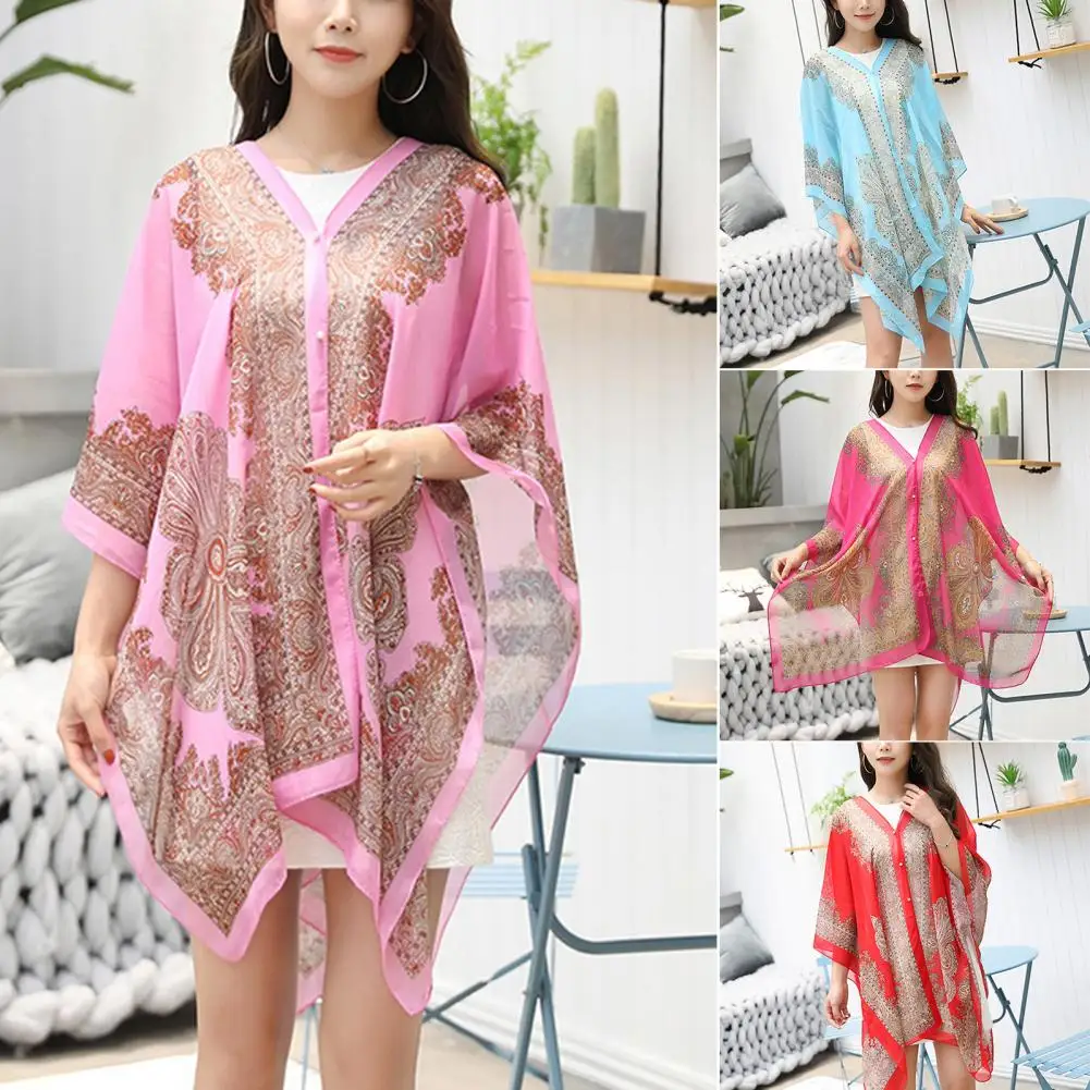 2025 feminino chiffon praia cobrir túnica vestido xale impressão biquíni maiô resort wear banho solto