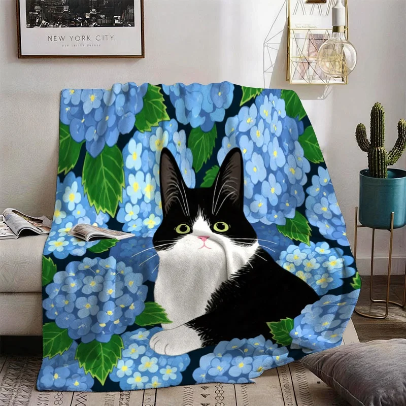 Cute Aesthetic Cat Floral Blanket Blue Hydrangea Pattern Throw Cozy Sofa Decor Picnic Blanket Gift For Couch Home Style