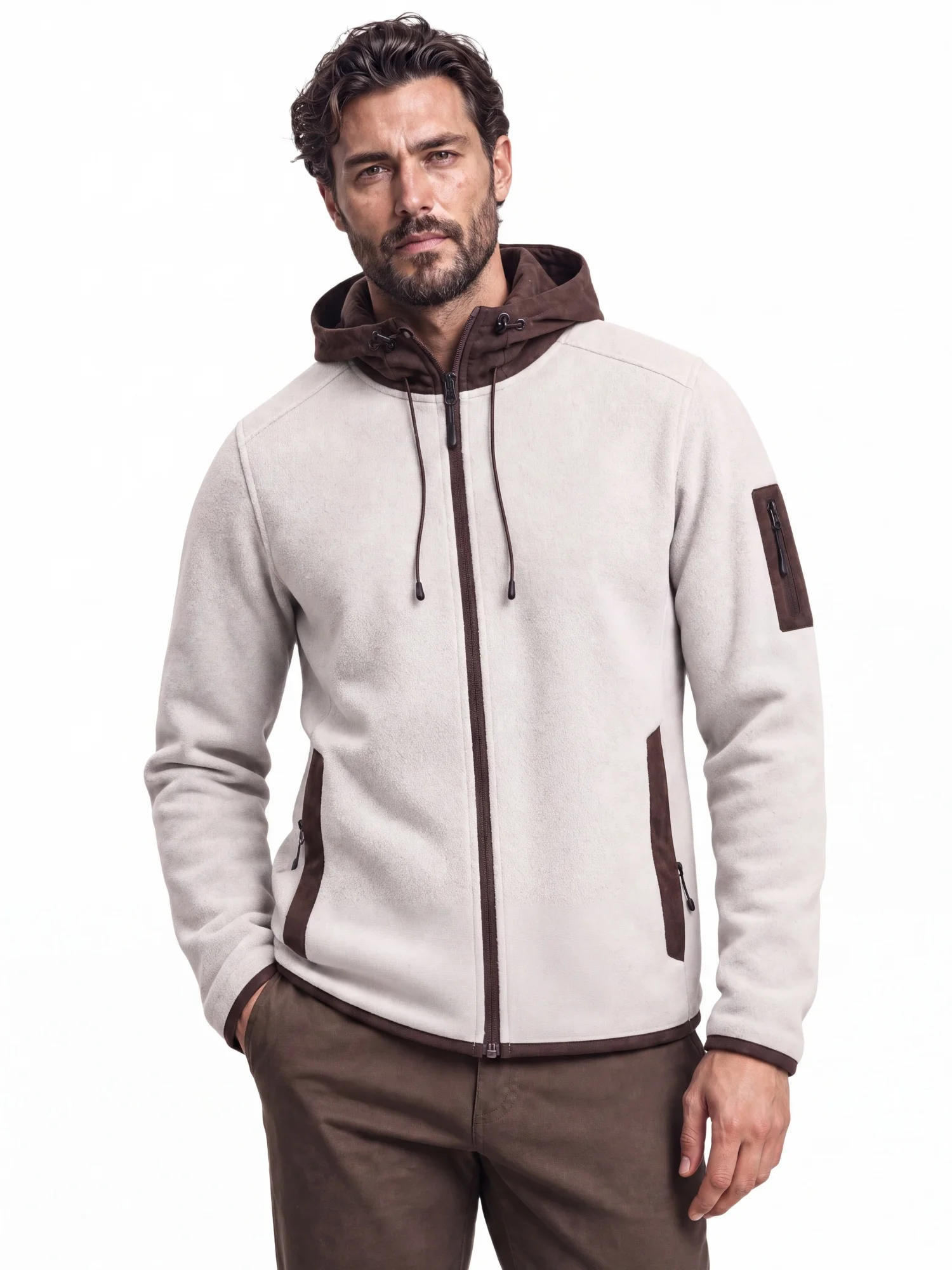 AIOPESON Herren Fleecejacke mit mehreren Taschen, Kapuze, durchgehendem Reißverschluss, Wildlederkapuze, Streetwear, Herbst-Winter, warme Oberbekleidung – Detail 3