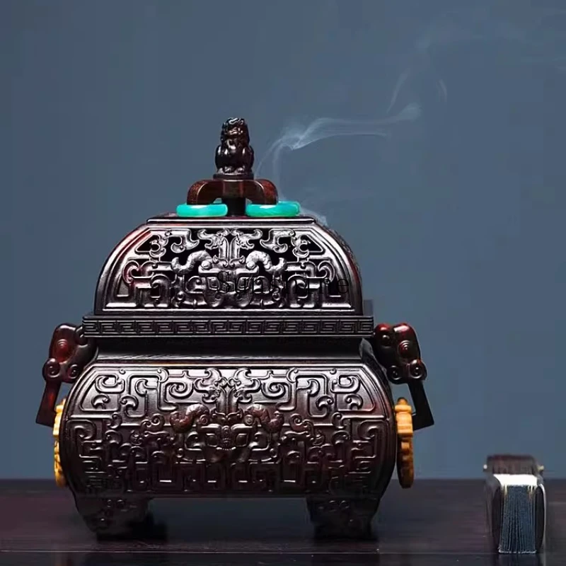 

High-end carved line retro Chinese living room red wood aromatherapy stove tray box