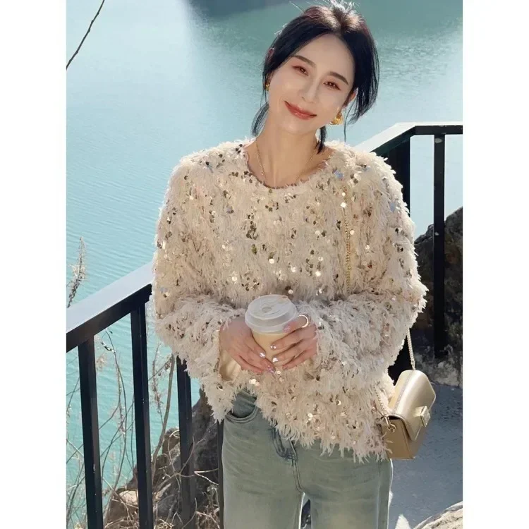 Korean Chic Sequin Tassel Sweaters Mujer 2024 Autumn New O-neck Plush Knitted Pullover Y2k E-Girl Long Sleeve Tops Women