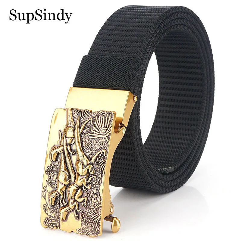 SupSindy Men Nylon Belt Luxury Gold Dinosaur Metal Automatic Buckle Canvas Belts for Men Jeans Waistband Army Outdoor Male Strap