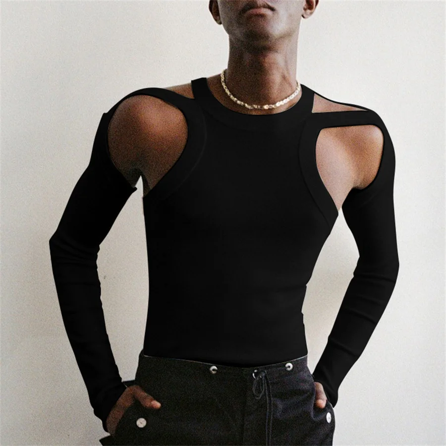 Fashion Men Hollow Out Slim Fit T-shirt Sports Fitness Long Sleeve Tops Knitted Streetwear Men's Clothing Sexy Black White Tees