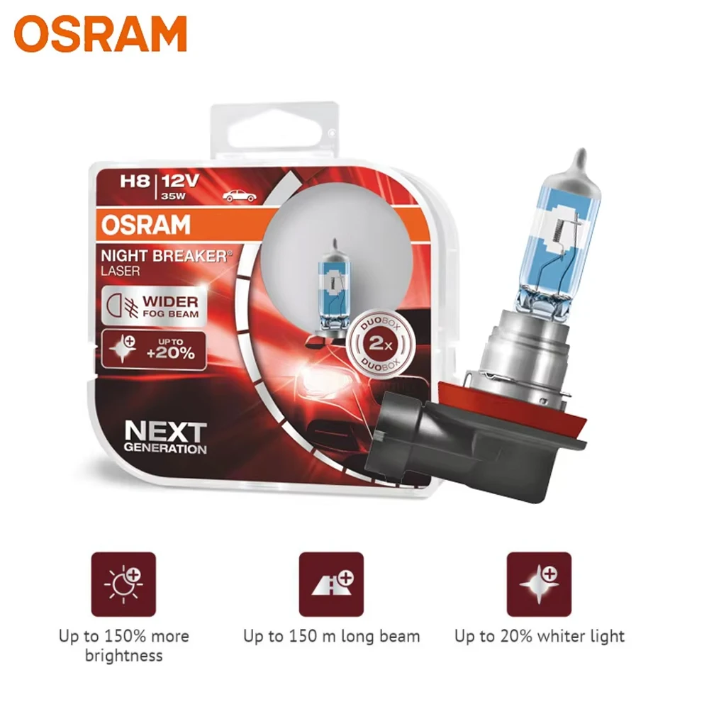 

OSRAM H8 64212NL Halogen Night Breaker Laser Next Generation 12V 35W +150% Bright White Car Fog Lamps Original Germany, Pair