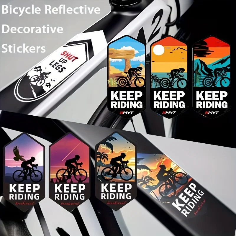 2 Keep Riding Mountain Bike Stickers - High-Quality Reflective Hexagon Frame Decals, Scenic Designs Featuring Mountains, City