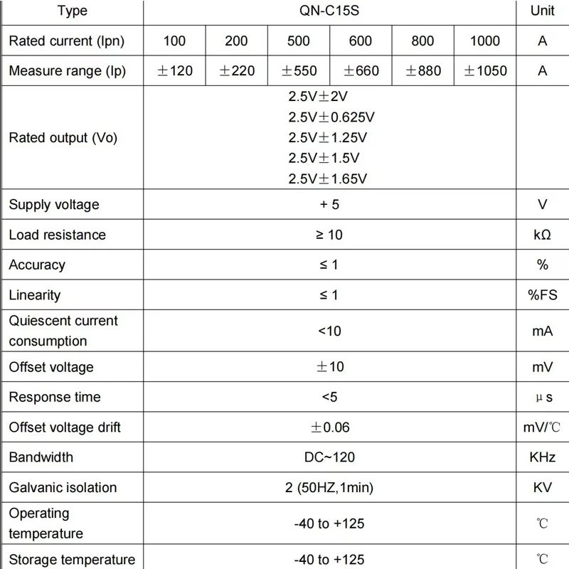 hall current sensor QN-C15S dc 100A ~1000A Out 2.5±2V pcb transformer current transducer used for new energy electric vehicles