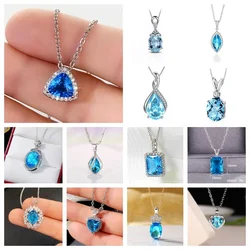 New Triangular See Blue CZ Pendant Necklace for Women 2026 Exquisite Bridal Wedding Neck Accessory Gift Statement Jewelry