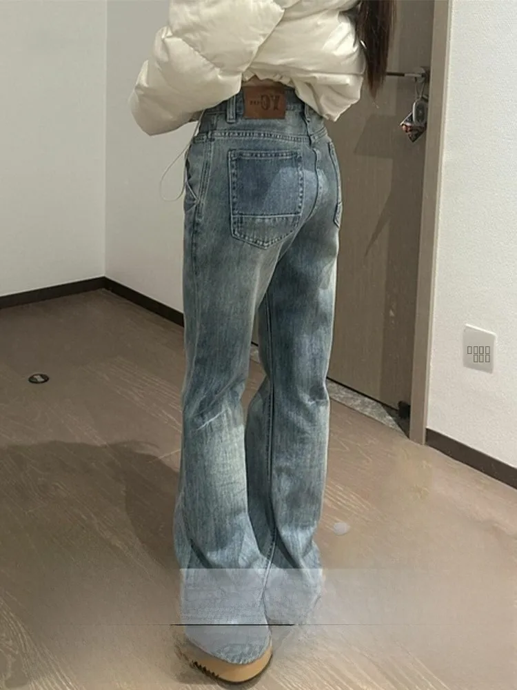 

Женские джинсы High Street Retro больших размеров с низкой посадкой и широкими штанинами, осенне-зимняя новинка, прямой крой, для фигуры типа «груша»