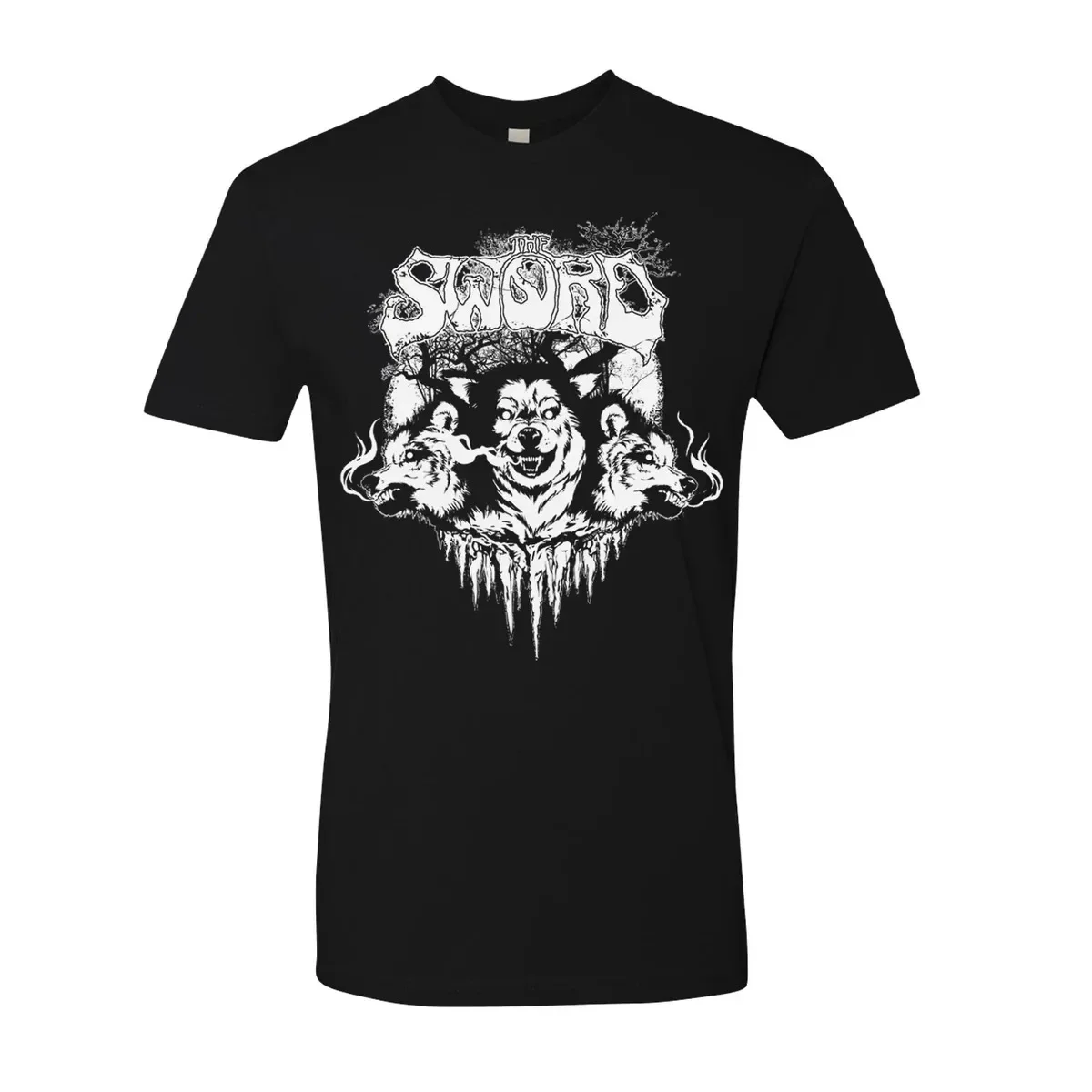 The Sword Triple Wolf Head Print T Shirt, Fierce Monochrome Dark Rock Wildlife Graphic, Doom Metal Rock Tee